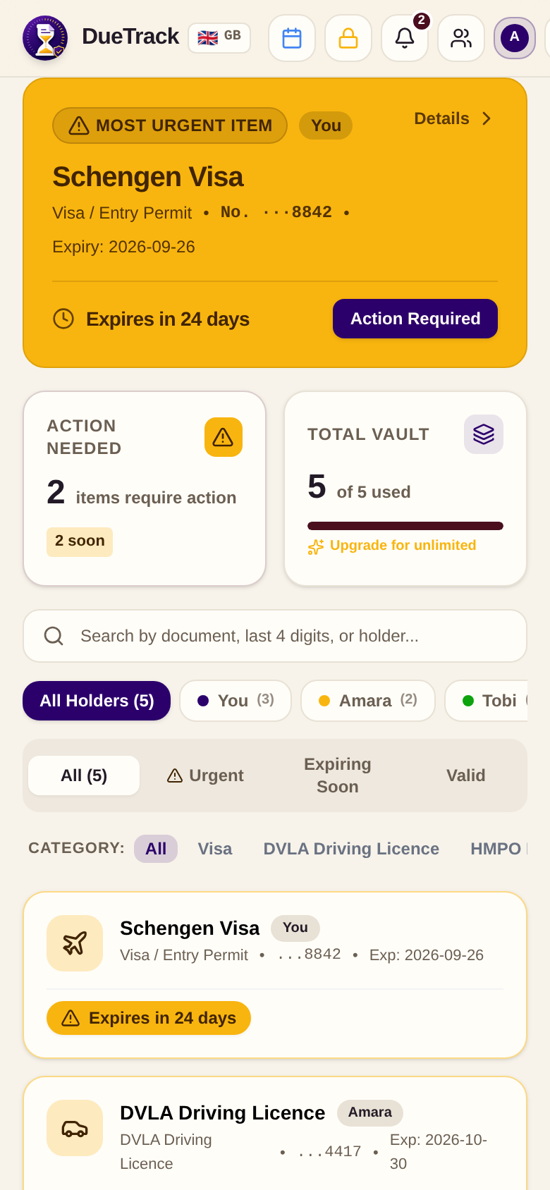 The DueTrack vault, showing a Schengen visa expiring in 24 days